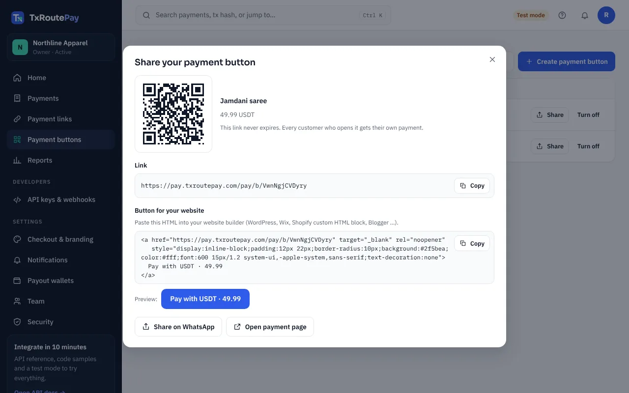Share: link, QR code and a copy-paste HTML button
