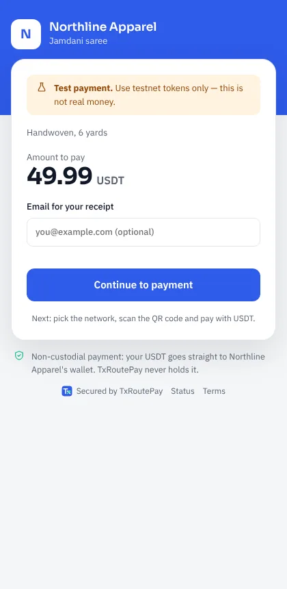 Enter the amount (if you did not set a price) and an email for the receipt