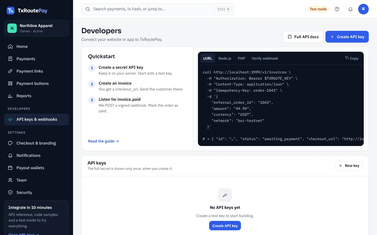 Developers: create an API key and add your webhook URL