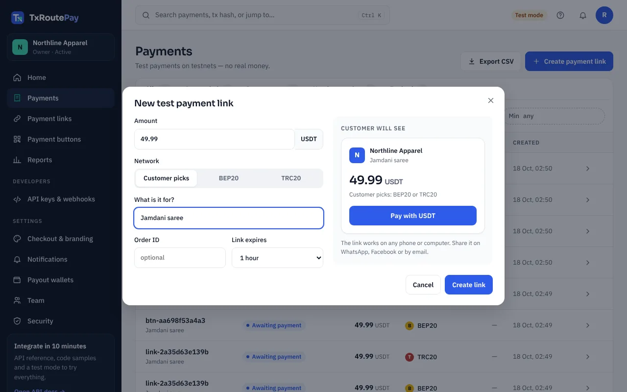 Payments → New payment link