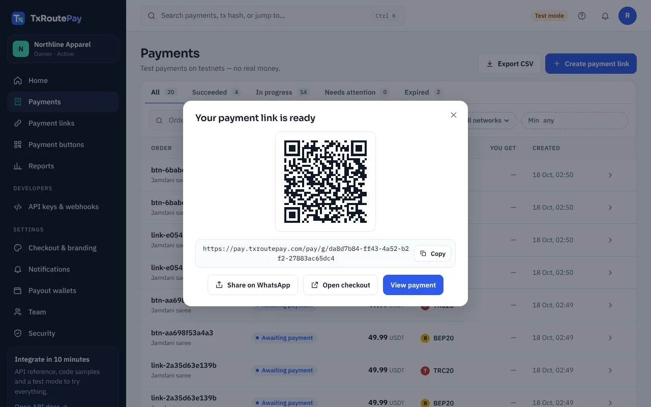 Your link is ready: copy it, share it on WhatsApp, or show the QR code