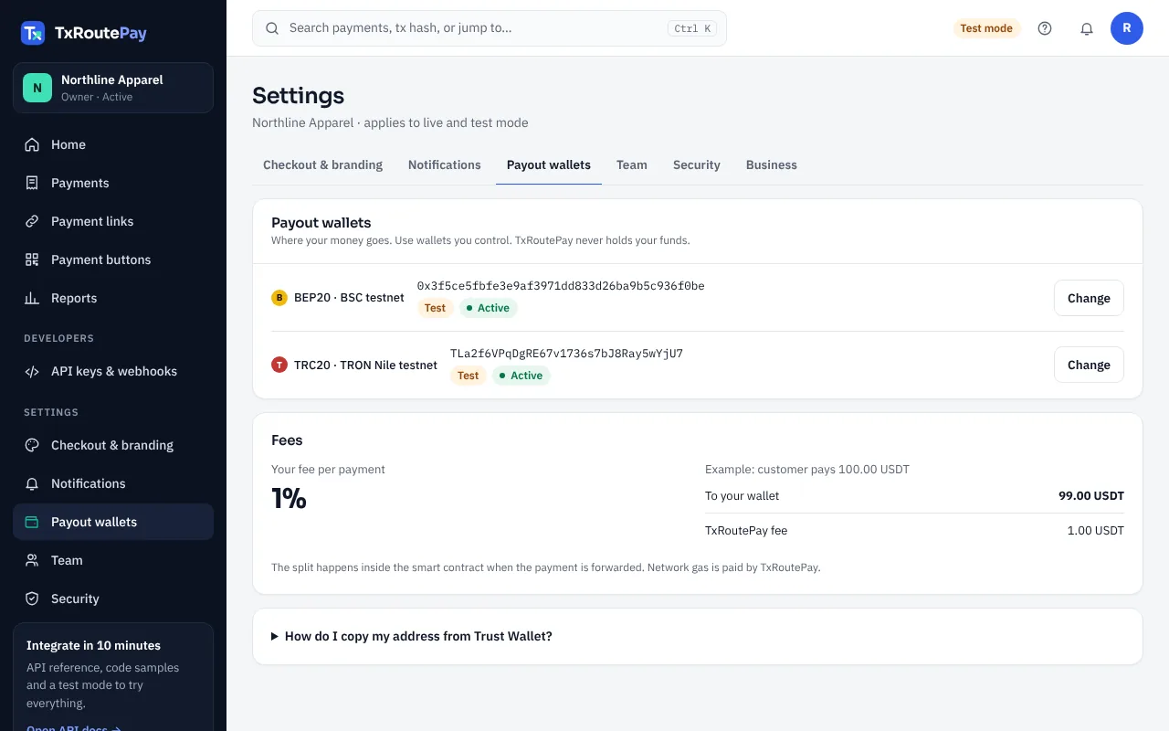 Settings → Payout wallets: one address per network